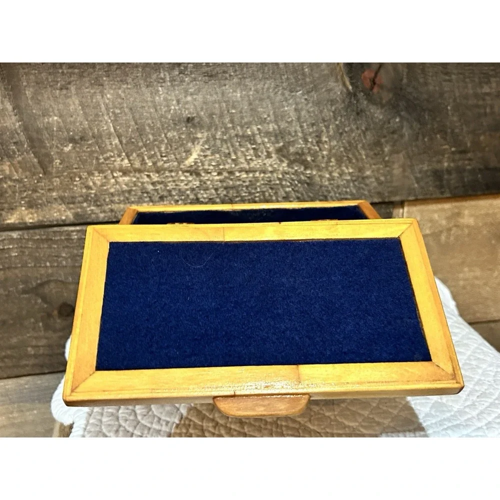 Hand Crafted Bamboo Wood Jewelry Keepsake Box Vintage Blue Inside
